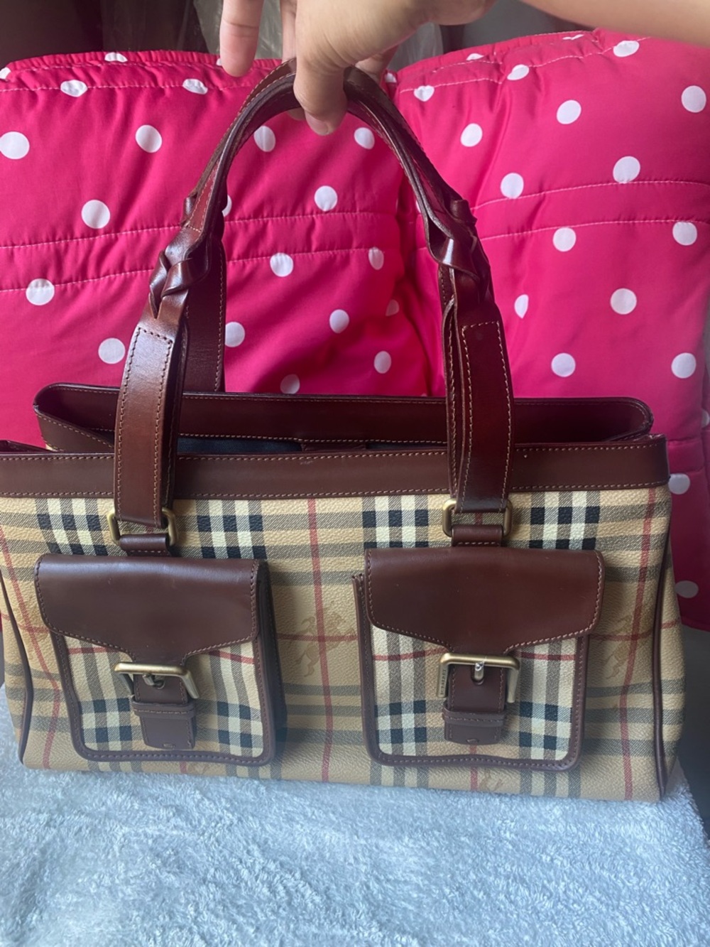 Burberry Beige Plaid Canvas Tote with Brown Leather Trim